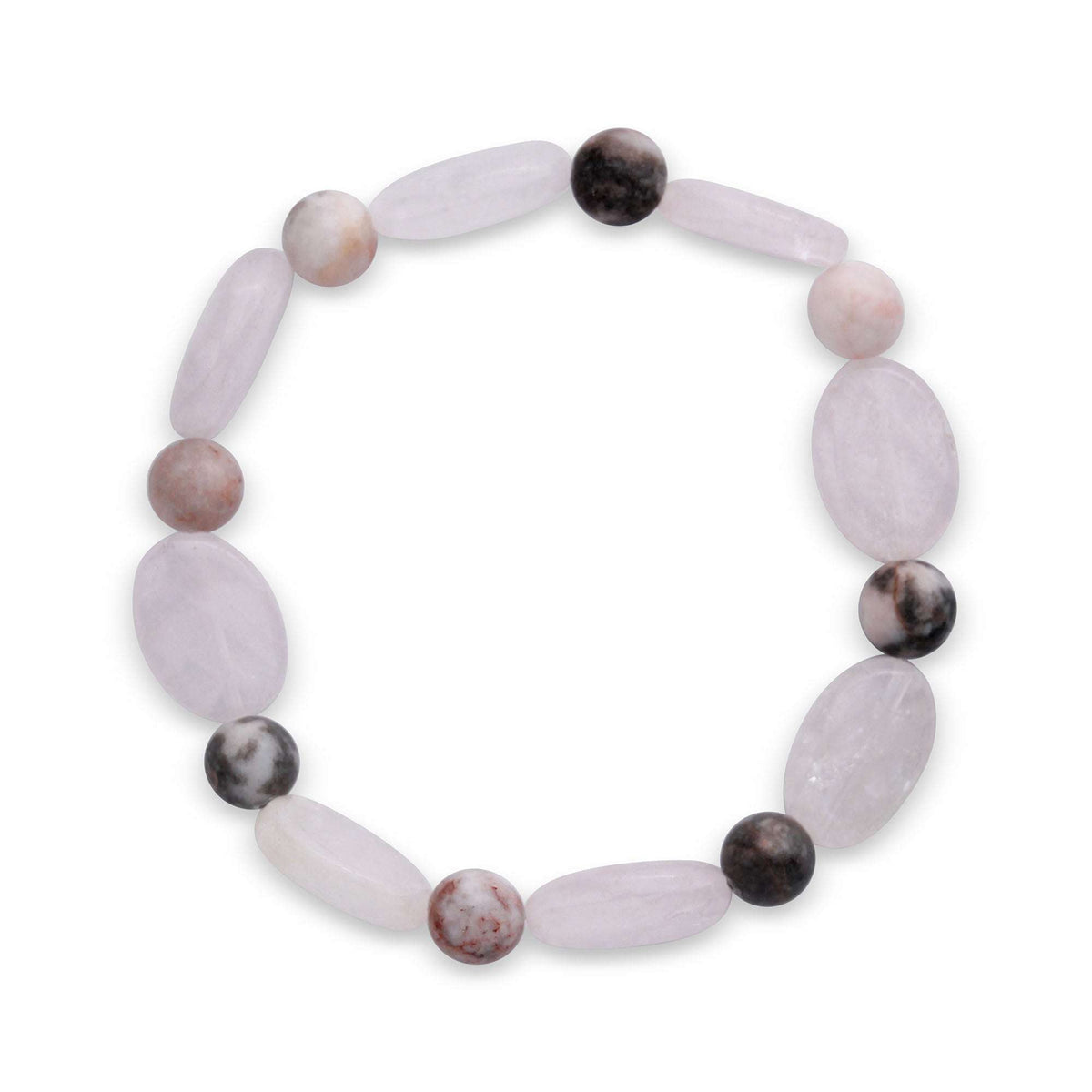 Stretch bracelet with pale pink quartz ovals and speckled jasper beads on white