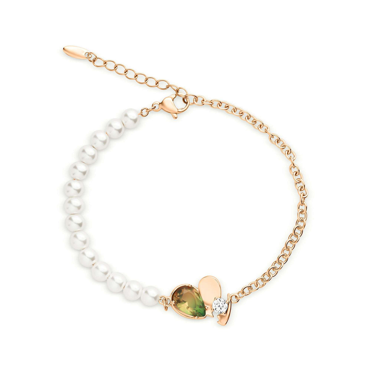Pearl bead bracelet with a heart, greenish teardrop stone and gold-tone chain