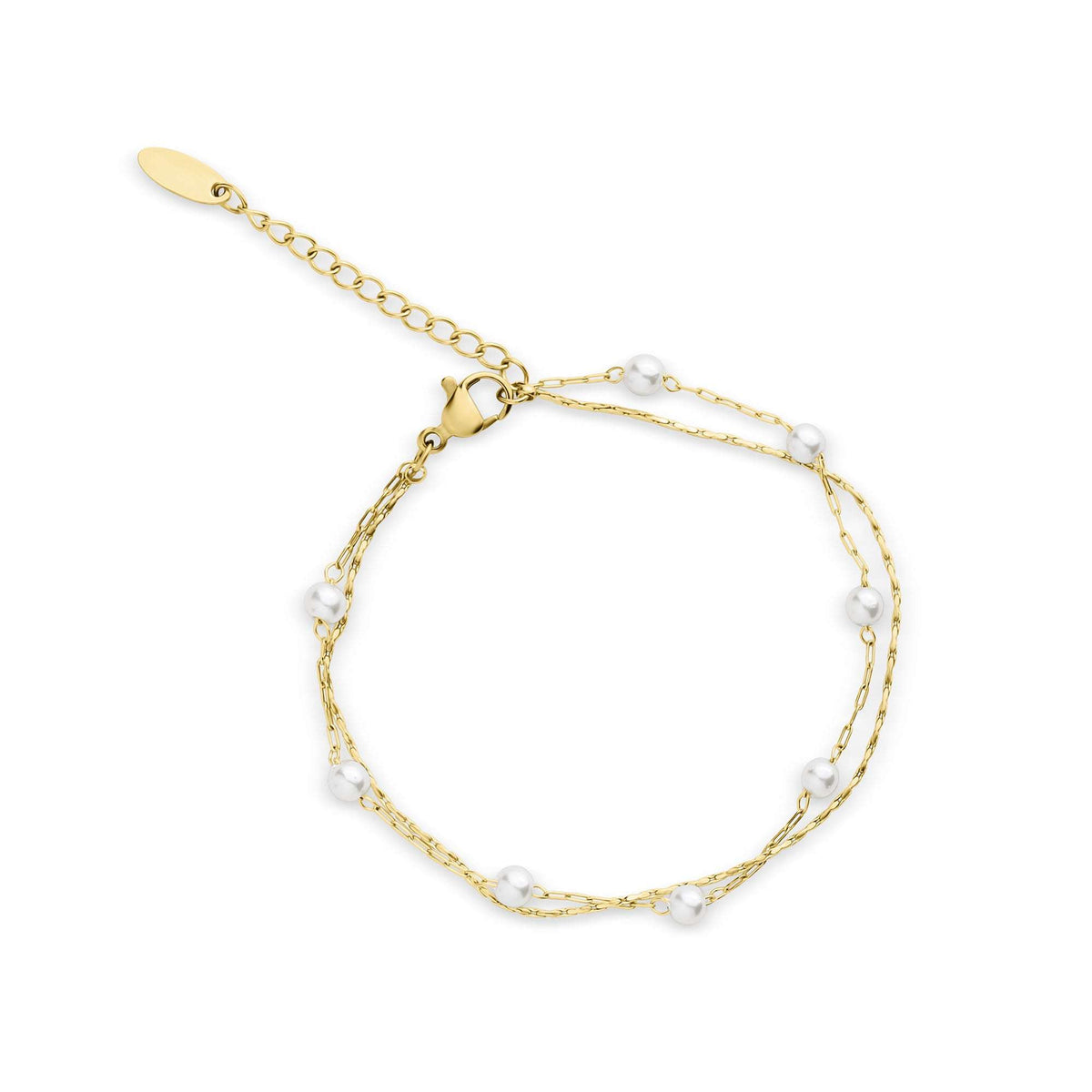 Two-strand gold-tone chain bracelet with white faux pearls and an adjustable extender
