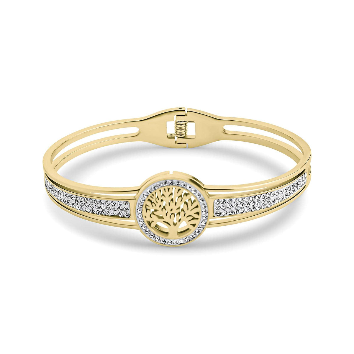 Rigid gold-tone bangle with a tree of life medallion and sparkling stone rows