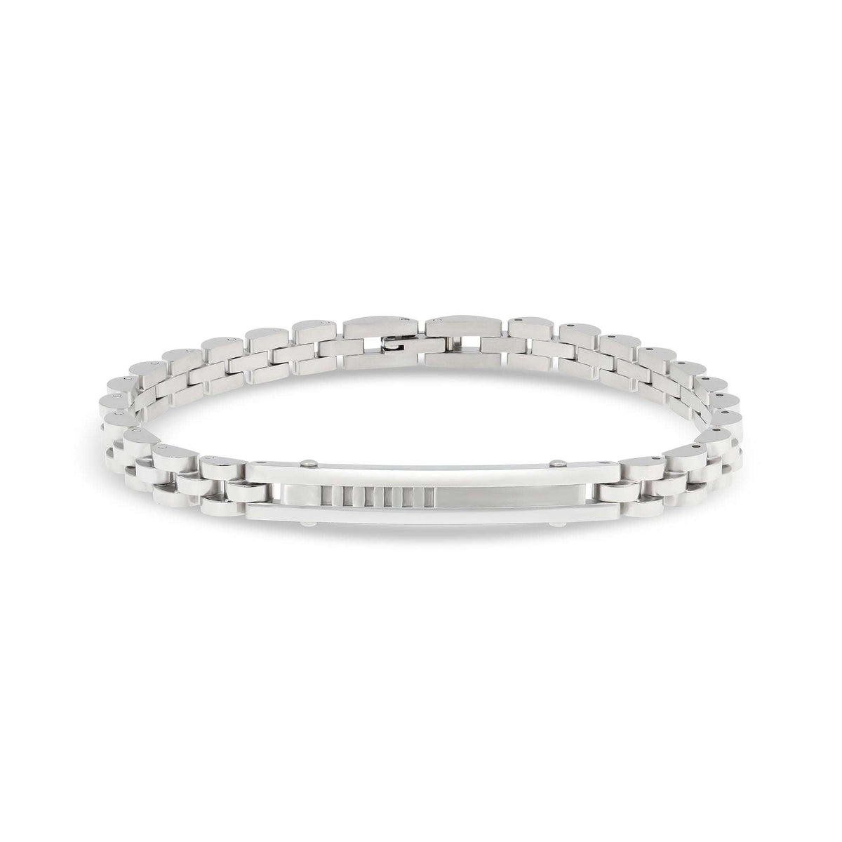 Silver-tone men's bracelet with watch-strap links and a smooth centre plate