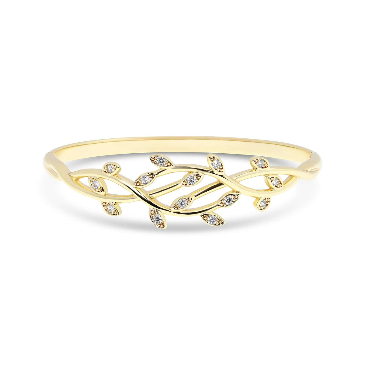 Gold-plated branch bracelet with white cubic zirconia in the leaves on white