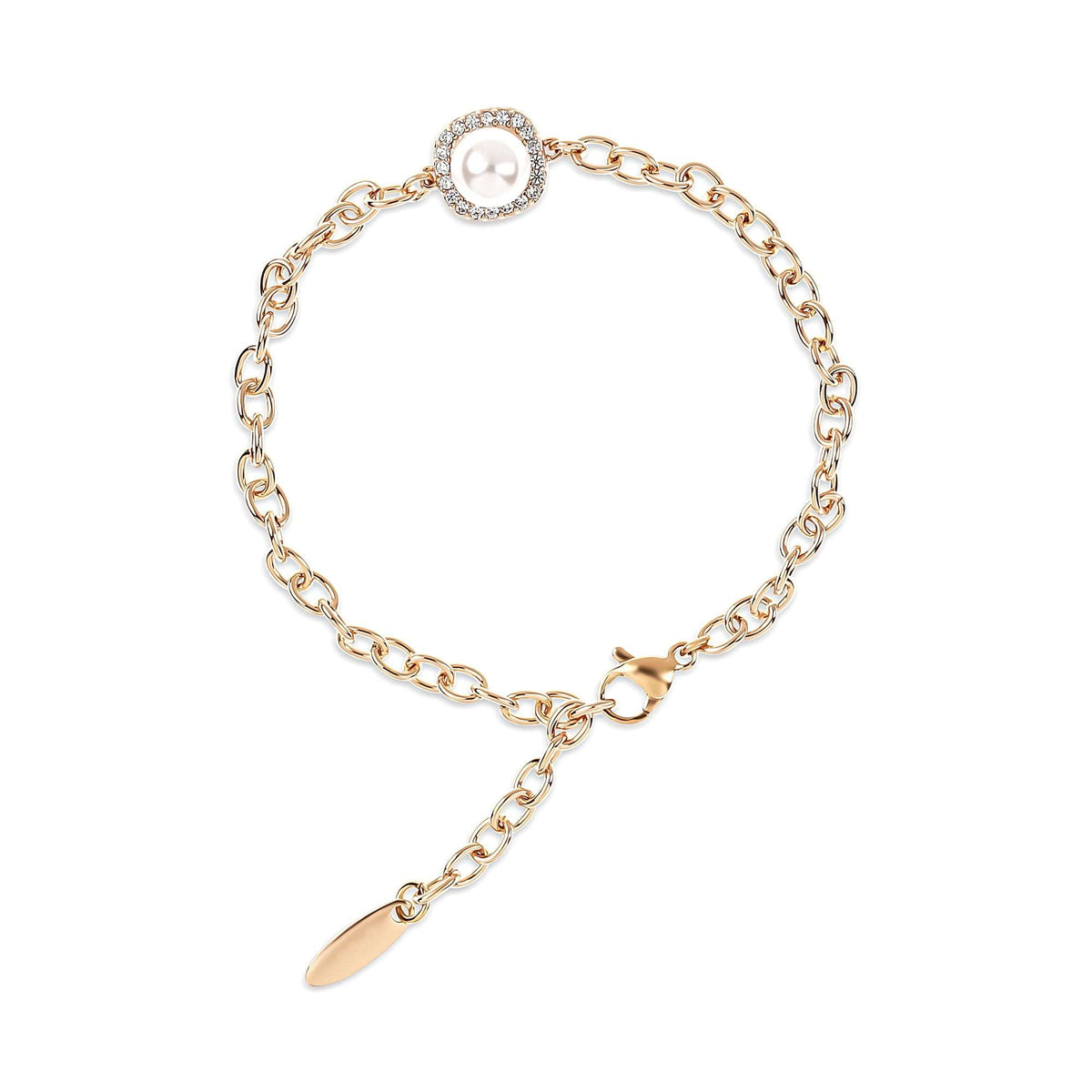 Gold-tone anchor chain bracelet with a white faux pearl in a cubic zirconia halo