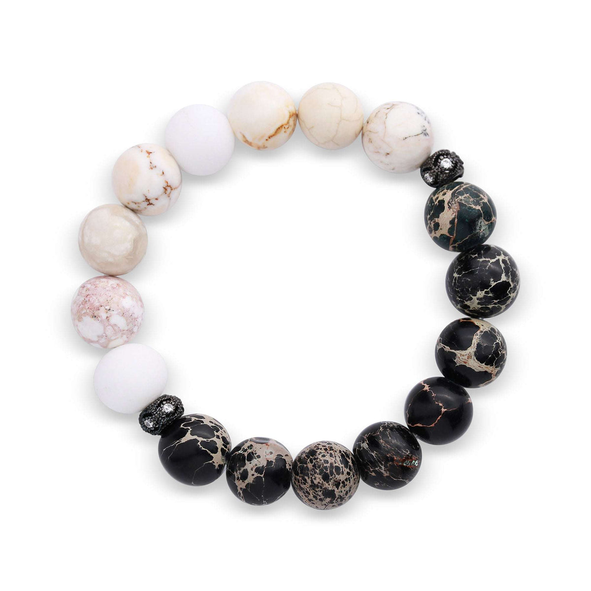 Bracelet of Chinese white nephrite and dark patterned stone beads with sparkling spacers