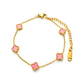 Bracelet with five pale pink enamel clovers in warm gold plating