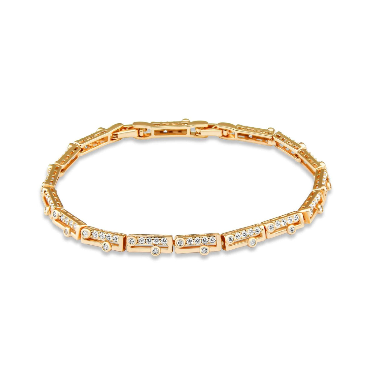 Gold-plated bracelet with rectangular links and rows of sparkling crystals on a white background