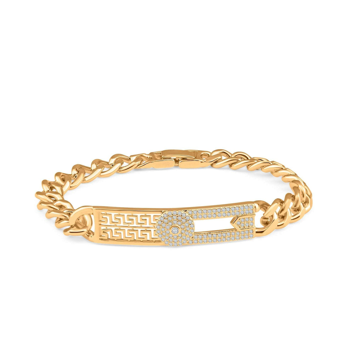 Gold-plated chain bracelet with a Greek key plaque and white cubic zirconia