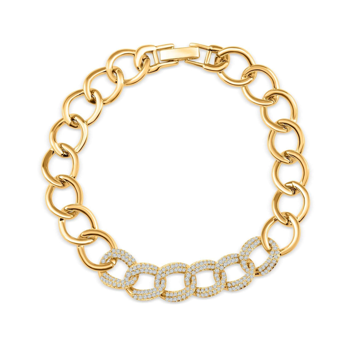 Chunky gold-plated link bracelet with cubic zirconia rings and a secure clasp