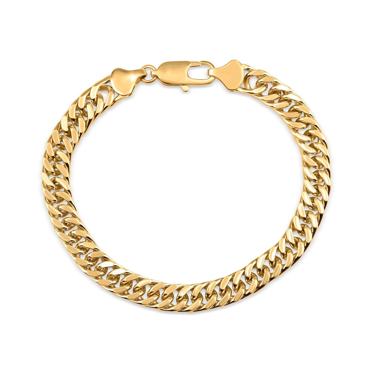 Chunky Cuban-style gold-plated bracelet with a lobster clasp on a white background