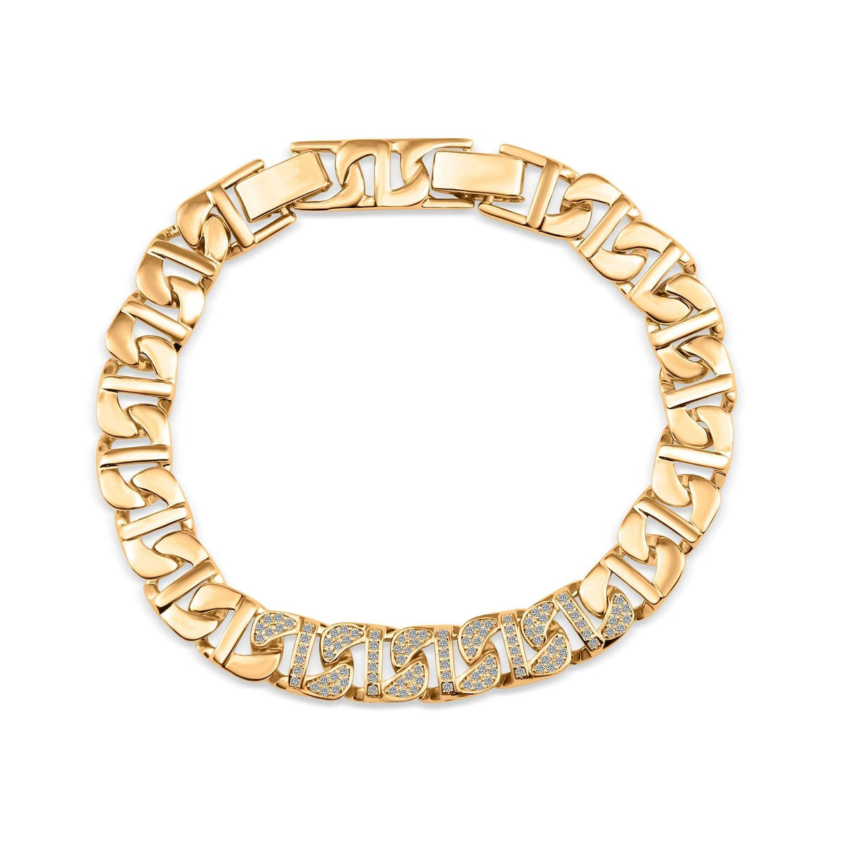 Gold-plated flat link bracelet with a row of cubic zirconia and a locking clasp