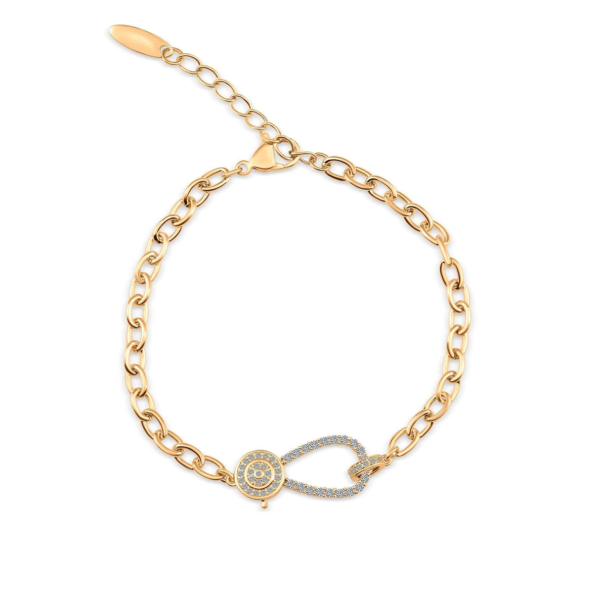 Gold-plated oval link bracelet with a teardrop clasp set with cubic zirconia on white