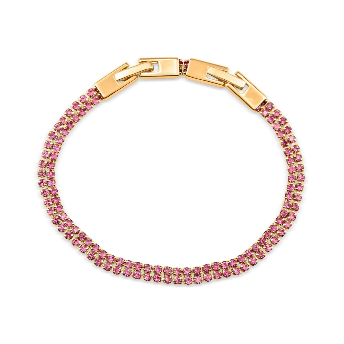 Two-row pink crystal bracelet in a gold-plated setting with a rectangular clasp