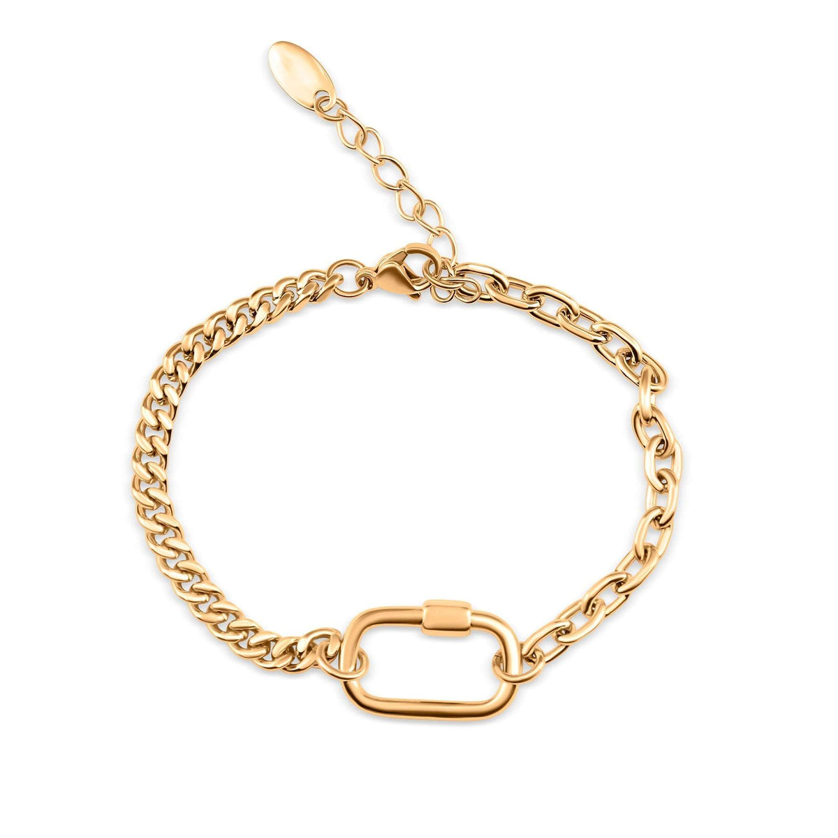 Two-sided gold-plated bracelet with a rectangular carabiner link and two chain weaves