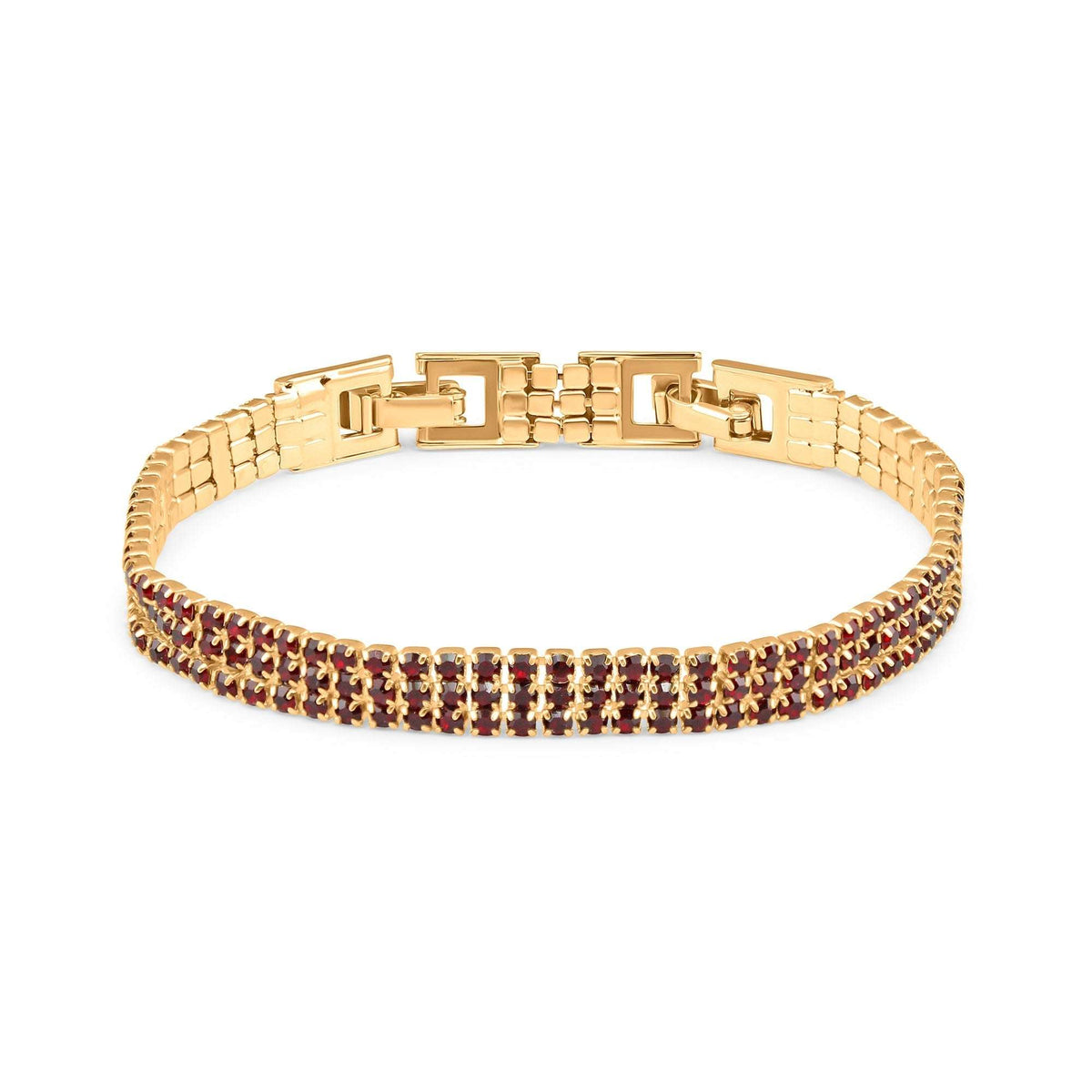 Gold-tone bracelet with two rows of dark red cubic zirconia and a secure clasp