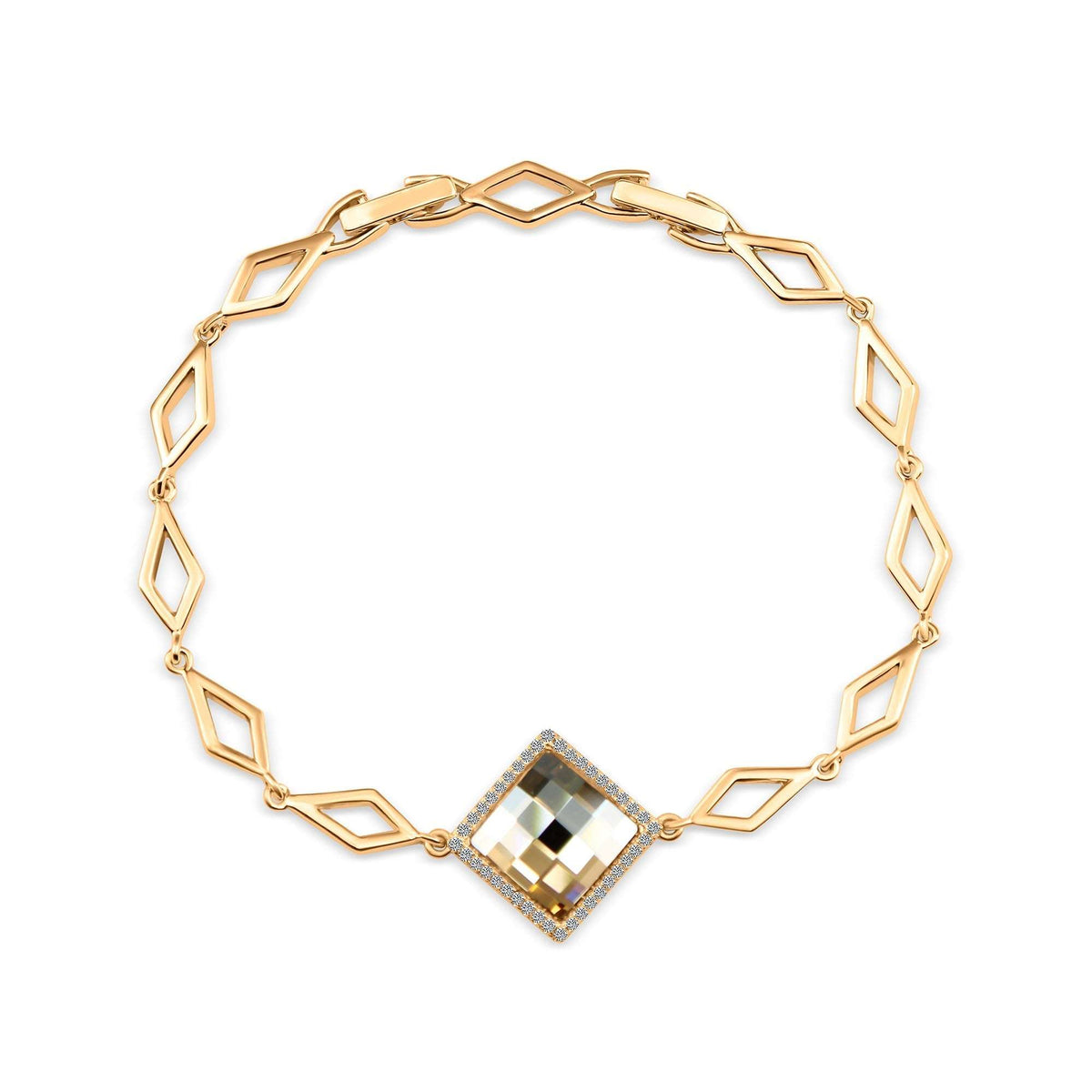 Gold-plated bracelet with rhombus links and a square champagne Swarovski crystal in the centre