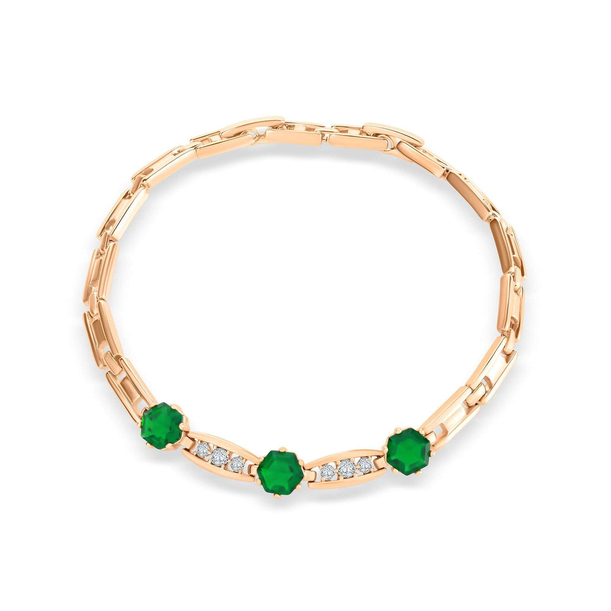 Gold-tone bracelet with three green hexagonal crystals and cubic zirconia