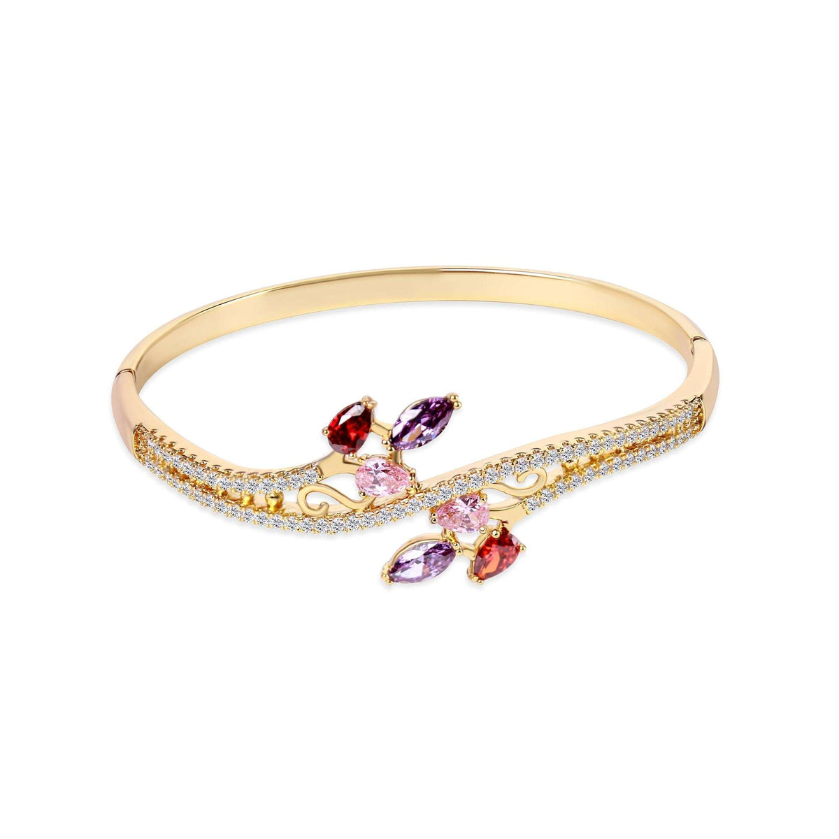 Rigid gold-plated bangle with coloured leaf-shaped cubic zirconia and rows of white stones