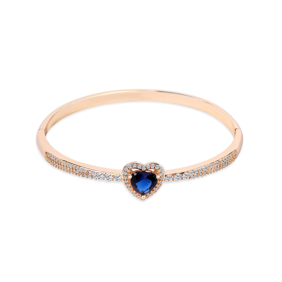 Gold-plated bangle with a blue heart-shaped stone in a cubic zirconia frame