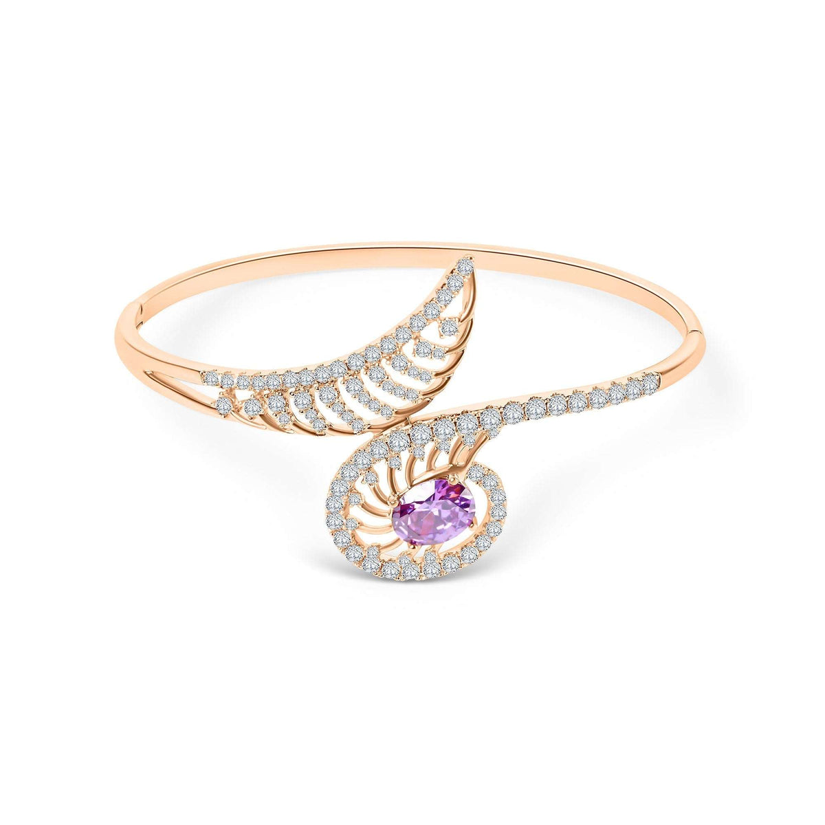 Gold-tone bracelet with an oval violet stone and crystal leaf pattern, white background