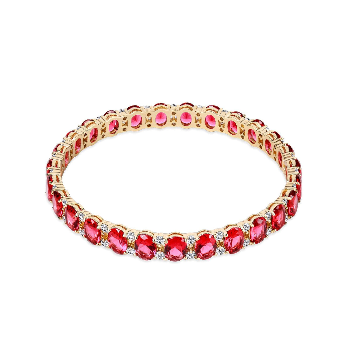 Tennis-style bracelet with oval red crystals and gold plating, top view