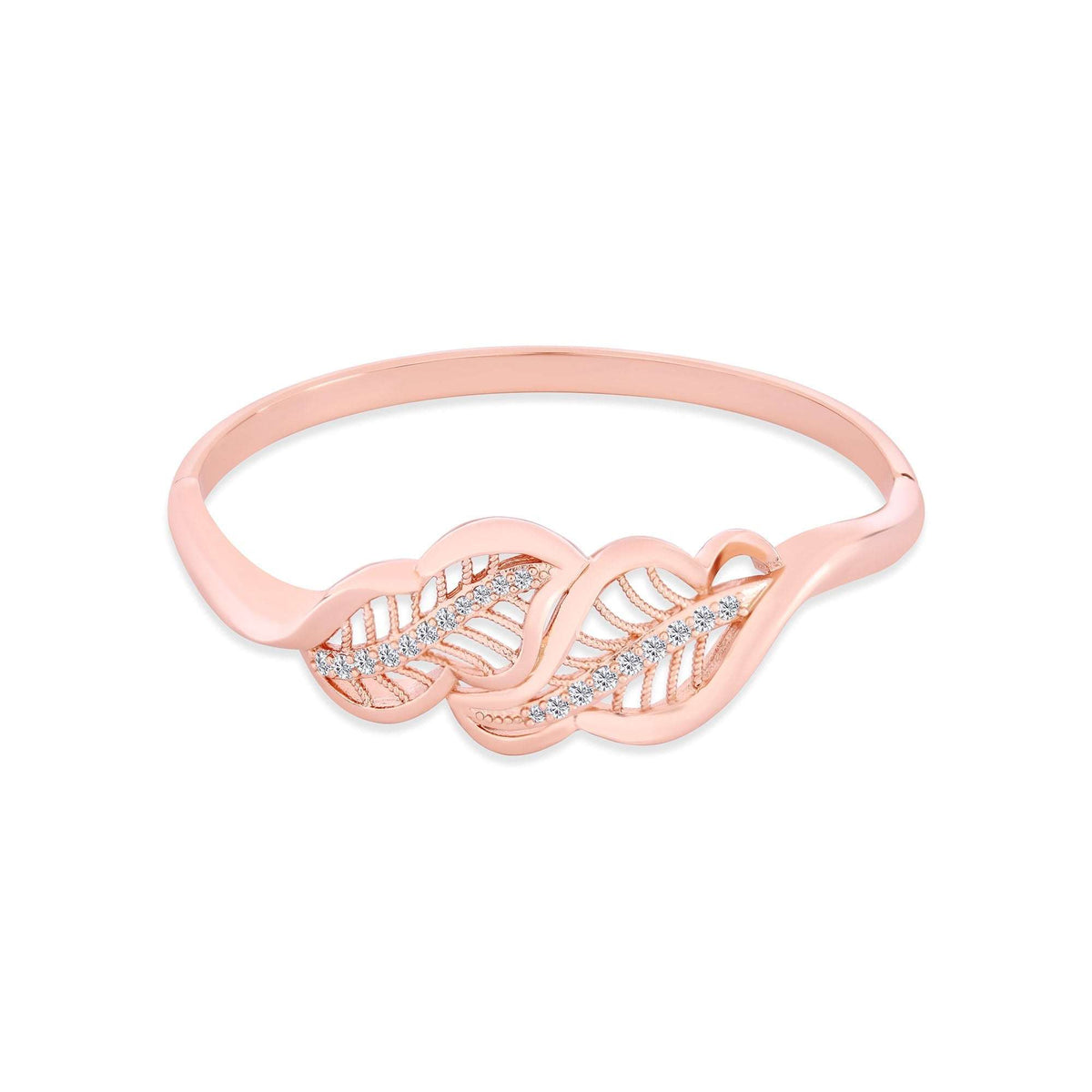 Rigid rose-tone bangle with openwork leaves and cubic zirconia in the veins