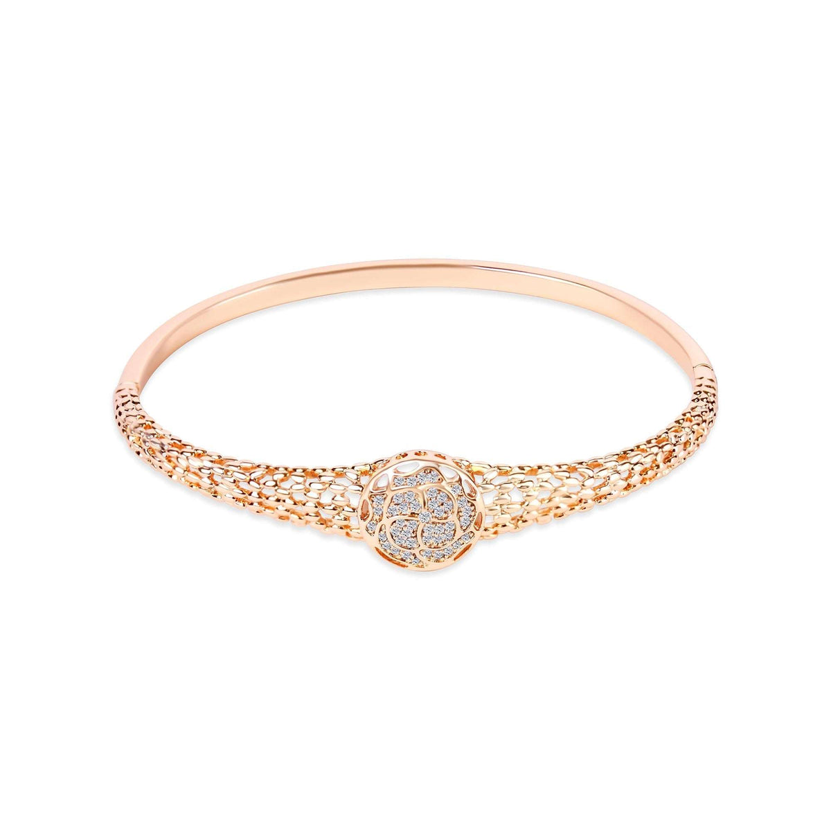 Lattice bangle with a round rose medallion covered in cubic zirconia