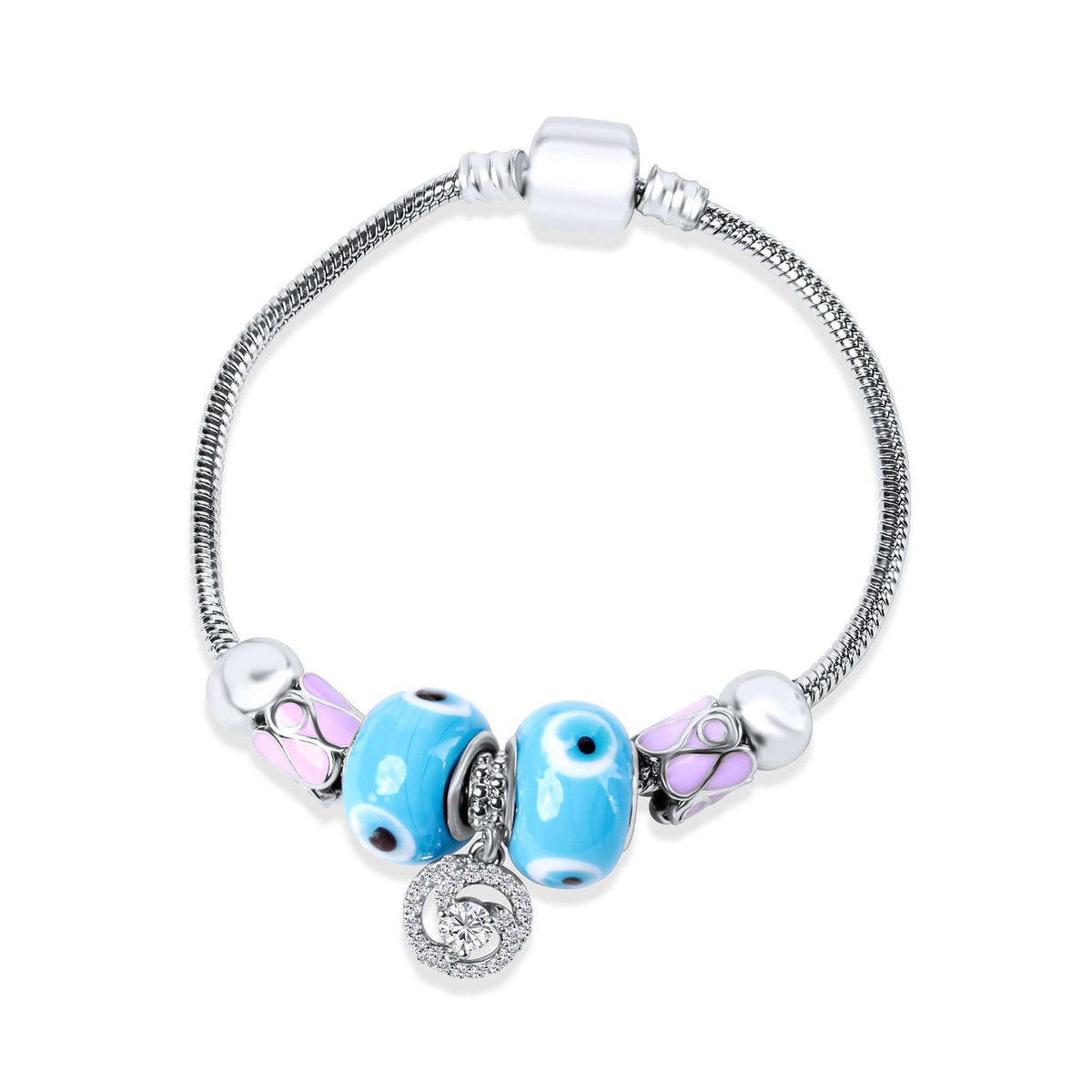 Silver-tone bracelet with blue eye beads, pink enamel and a cubic zirconia charm
