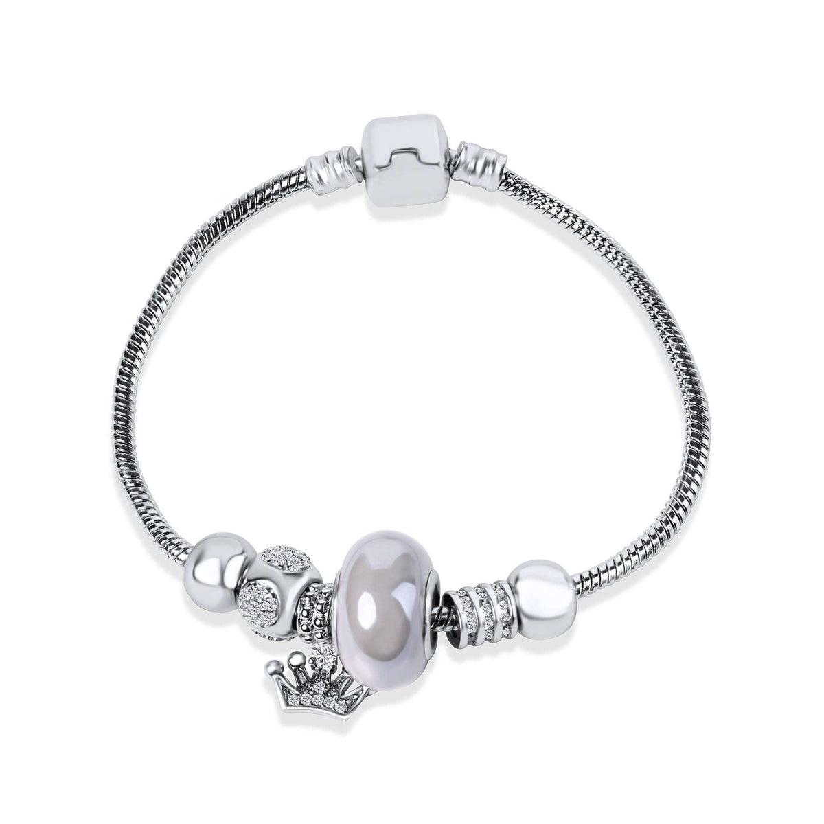 Snake chain bracelet with a crown charm, pearly bead and cubic zirconia balls