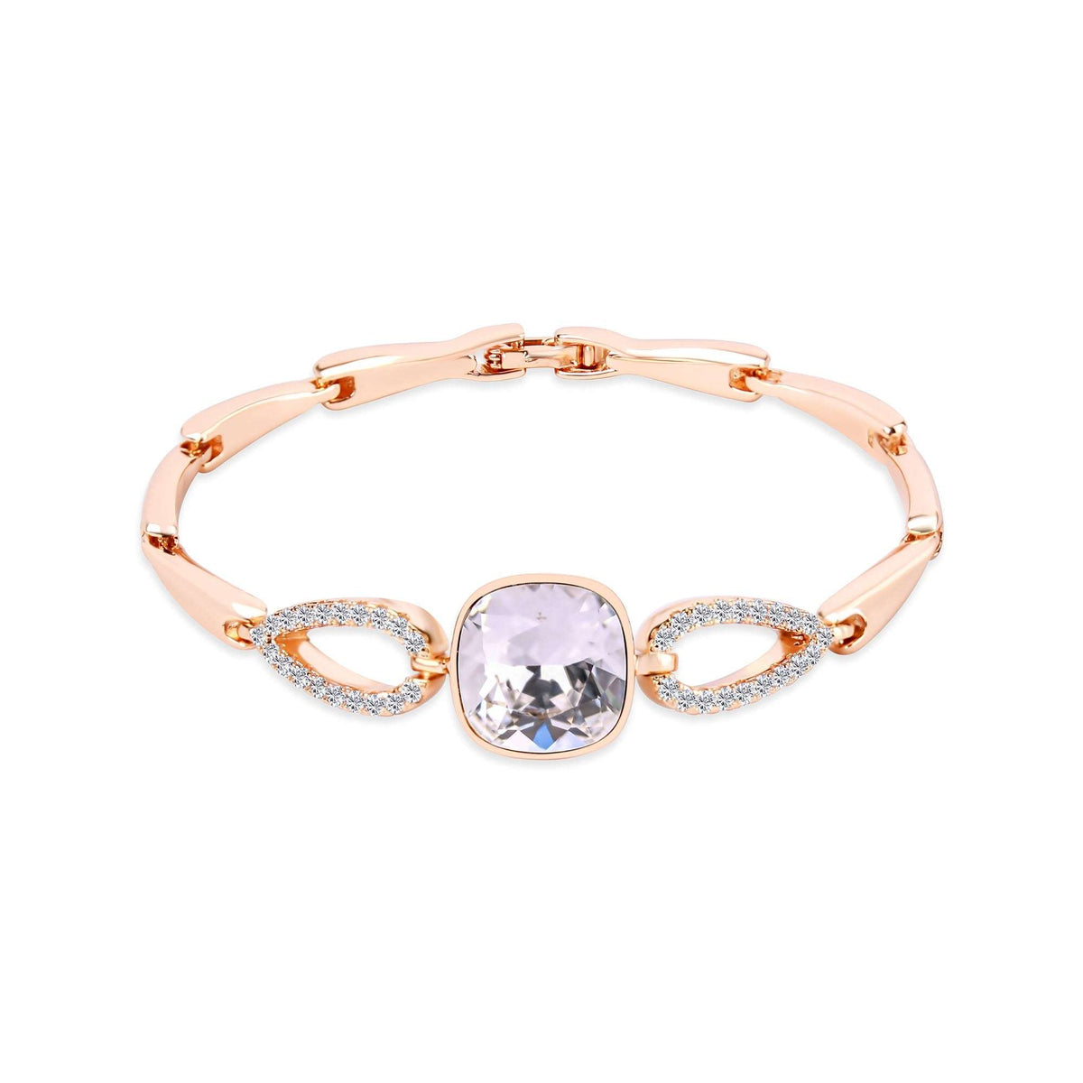 Gold-tone link bracelet with a large square crystal and cubic zirconia drops