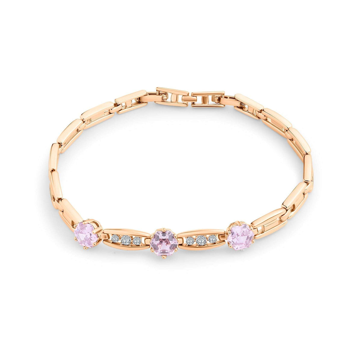 Pink crystal bracelet with gold plating and cubic zirconia, full view with clasp