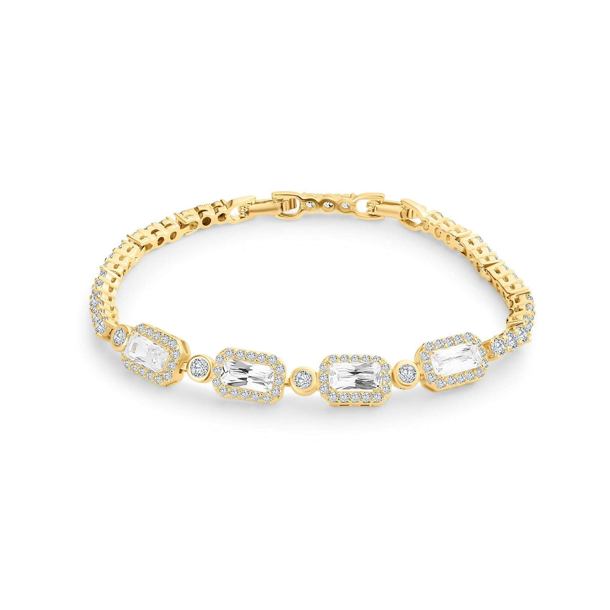 Gold-plated bracelet with four rectangular crystals framed by tiny stones