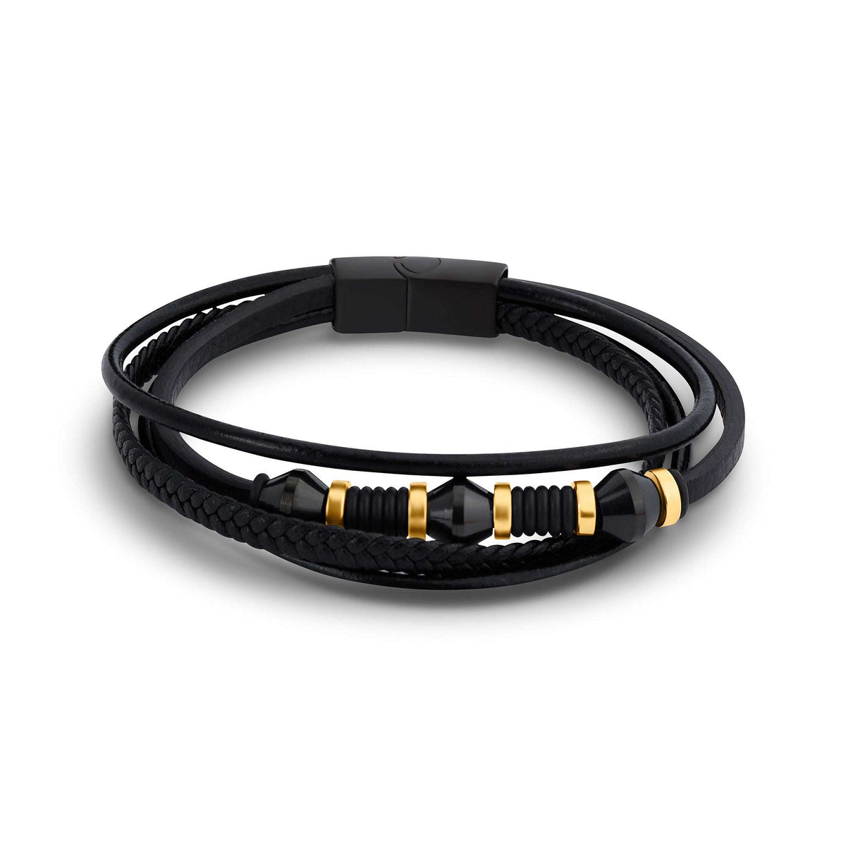 Black multi-layer faux leather men's bracelet with gold-tone details and magnetic clasp