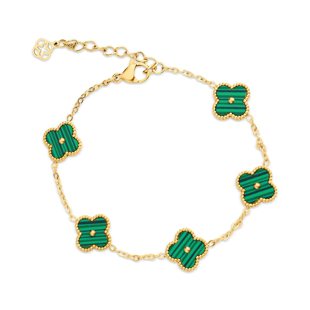 Gold-plated chain bracelet with five green four-leaf clovers and a lobster clasp