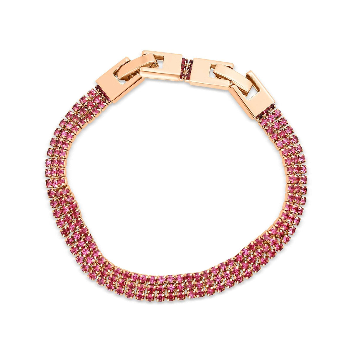 Gold-plated bracelet with three rows of pink stones and a rectangular clasp