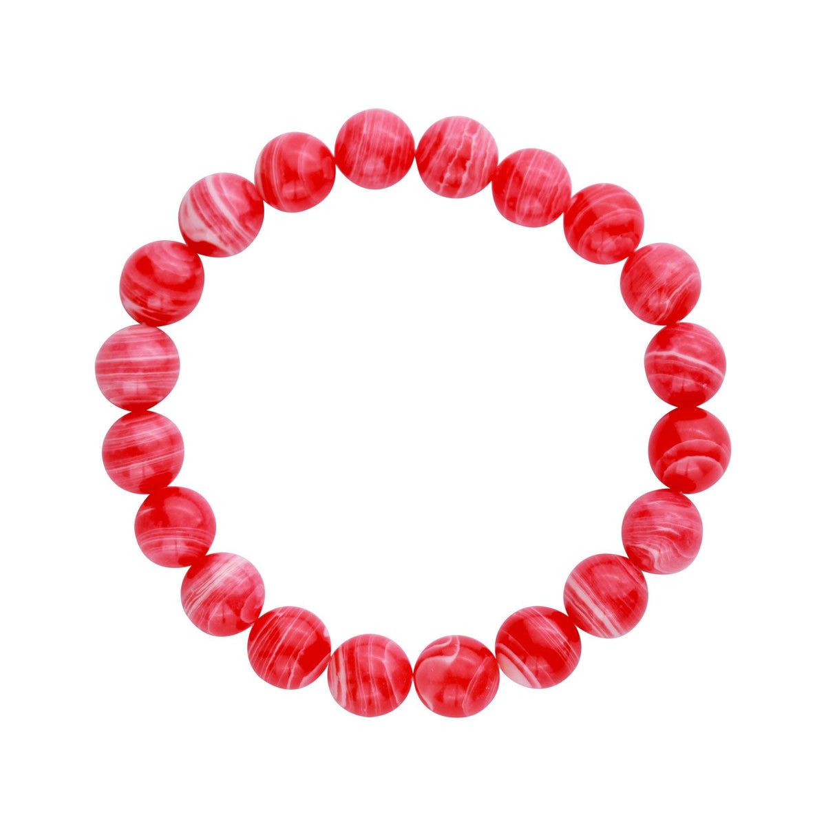 Stretch bracelet of red-pink imitation rhodochrosite beads with white stripes