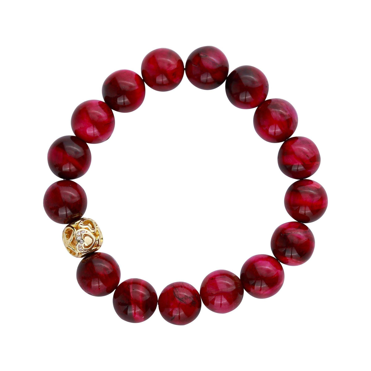 Pink tiger's eye bead bracelet with a gold-plated heart-pattern bead and cubic zirconia