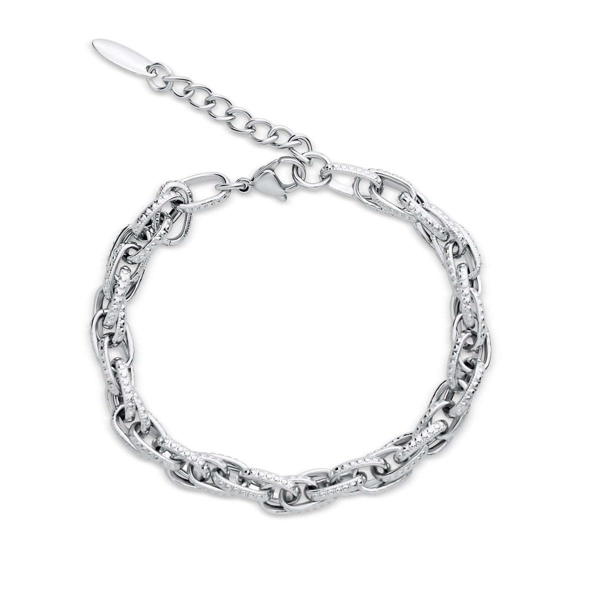 Platinum-plated women's bracelet with textured double links, lobster clasp and extender chain