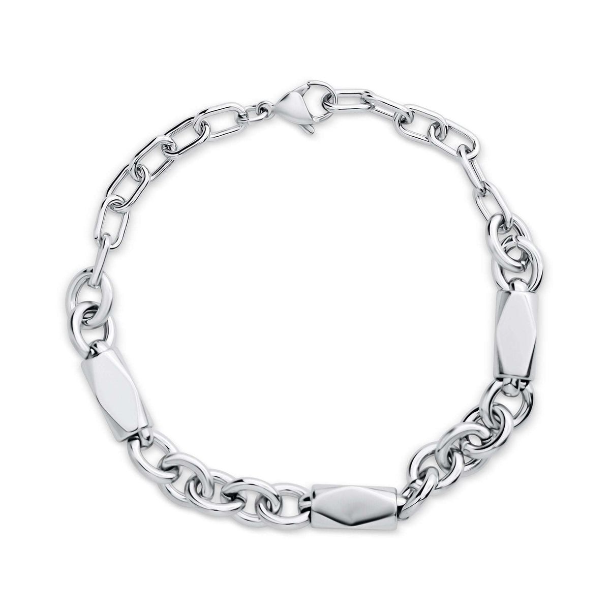 Unisex bracelet with links of varying sizes and three faceted platinum-plated details