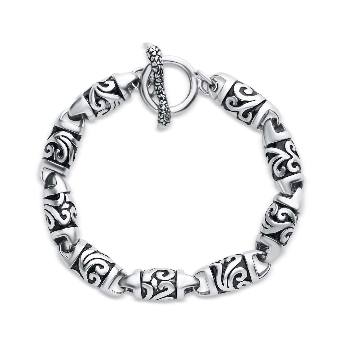Chunky bracelet with ornamental links and a T-bar clasp
