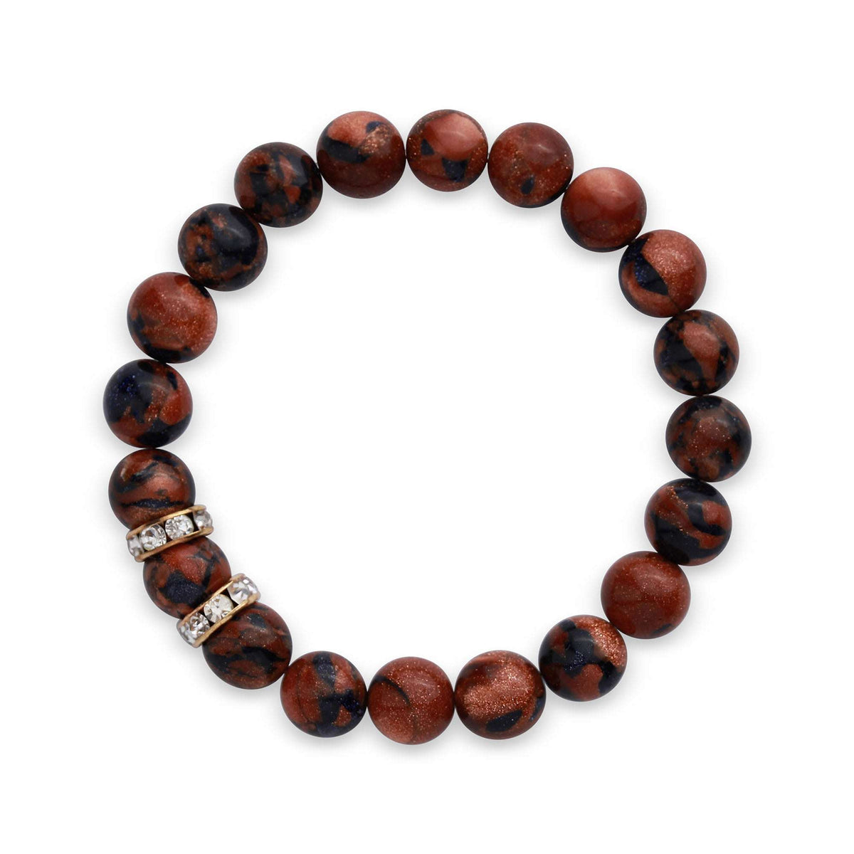 Stretch bracelet of reddish brown goldstone beads with two crystal spacers