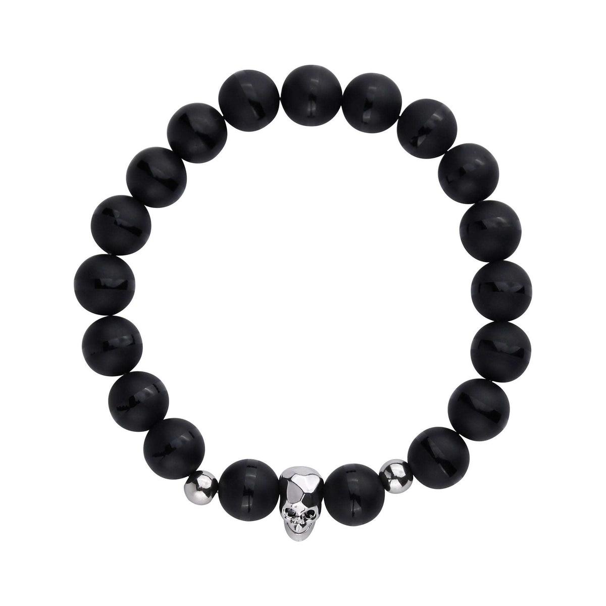 Black agate bead bracelet with a silver-tone skull, top view