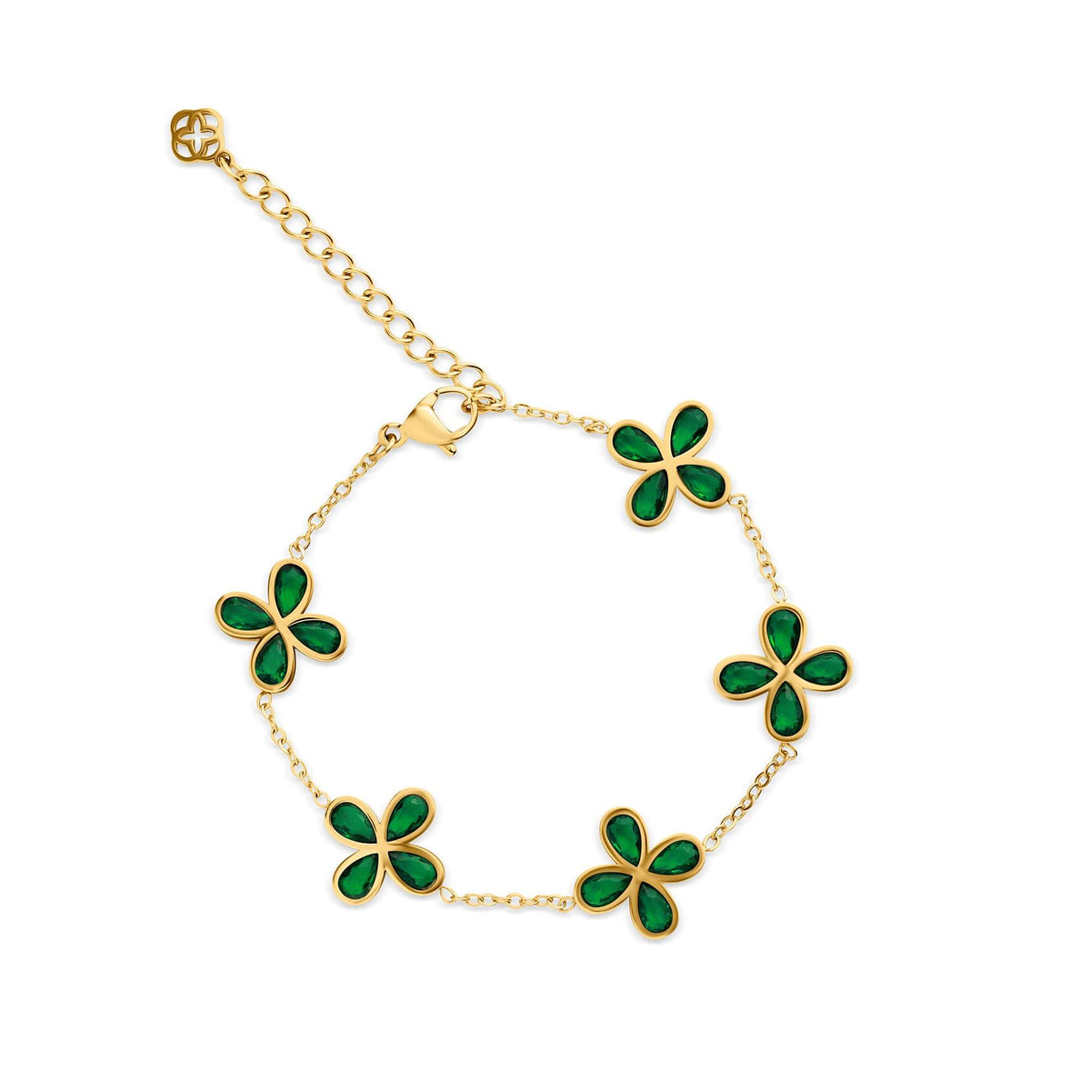 Gold-tone bracelet with five clover motifs, green cubic zirconia and a lobster clasp