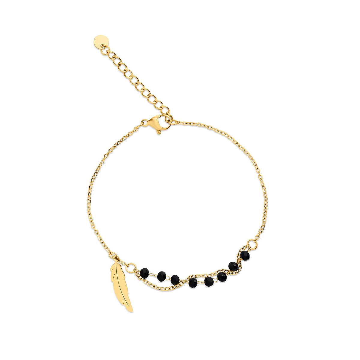 Gold-plated double chain bracelet with black faceted beads and a fine feather charm