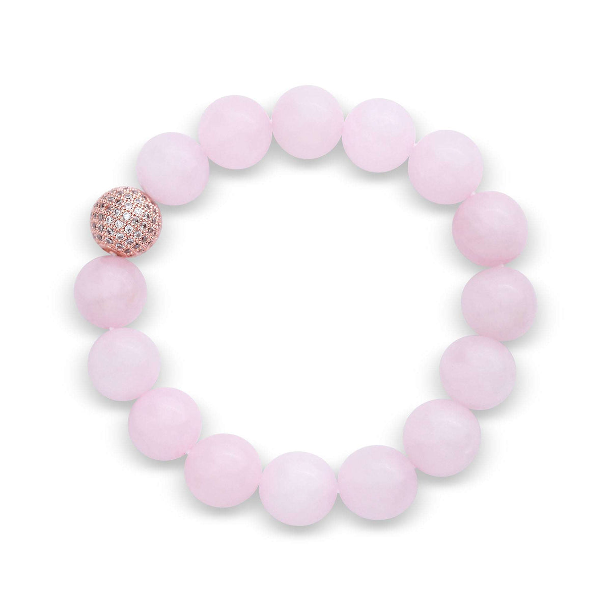 Rose quartz bead bracelet with a rose gold-tone zirconia bead, top view