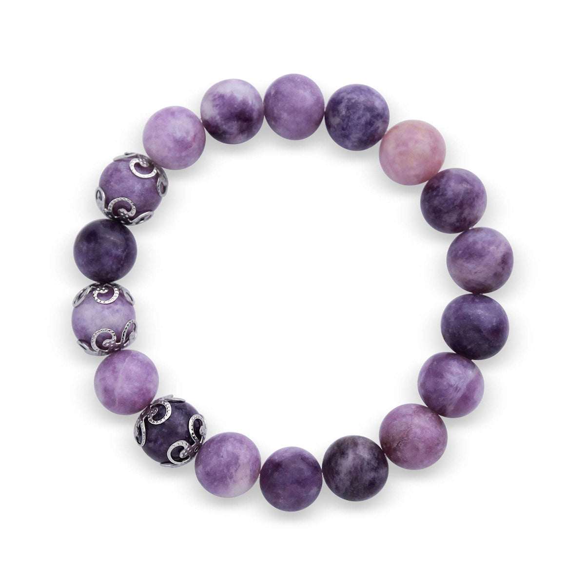 Stretch bracelet of purple lepidolite beads with ornate silver-tone spacers