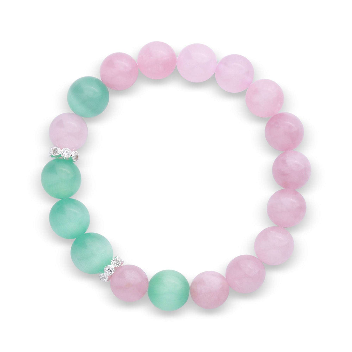 Bracelet with soft pink quartz beads and turquoise cat's eye glass beads
