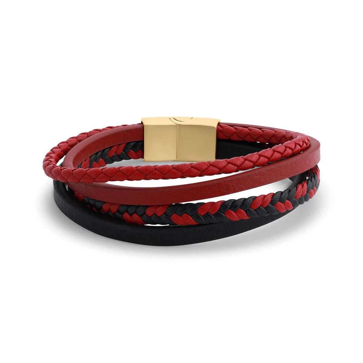 Men's multi-layer leather bracelet in red and black with a gold-tone magnetic clasp