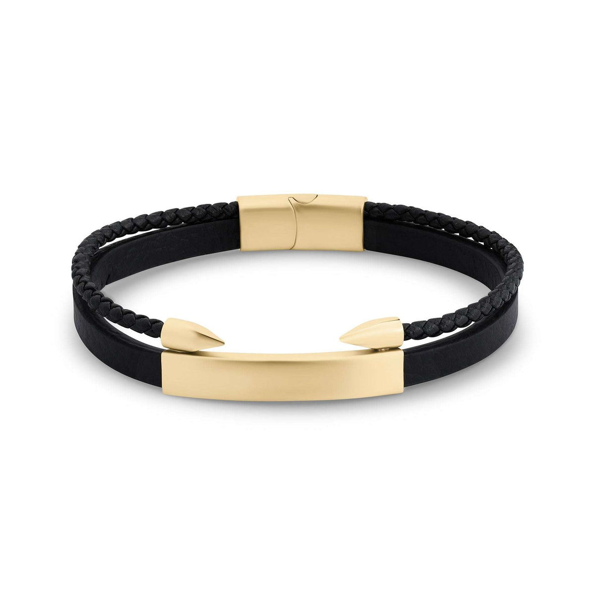 Men's black leather bracelet with a smooth gold-tone bar and magnetic clasp