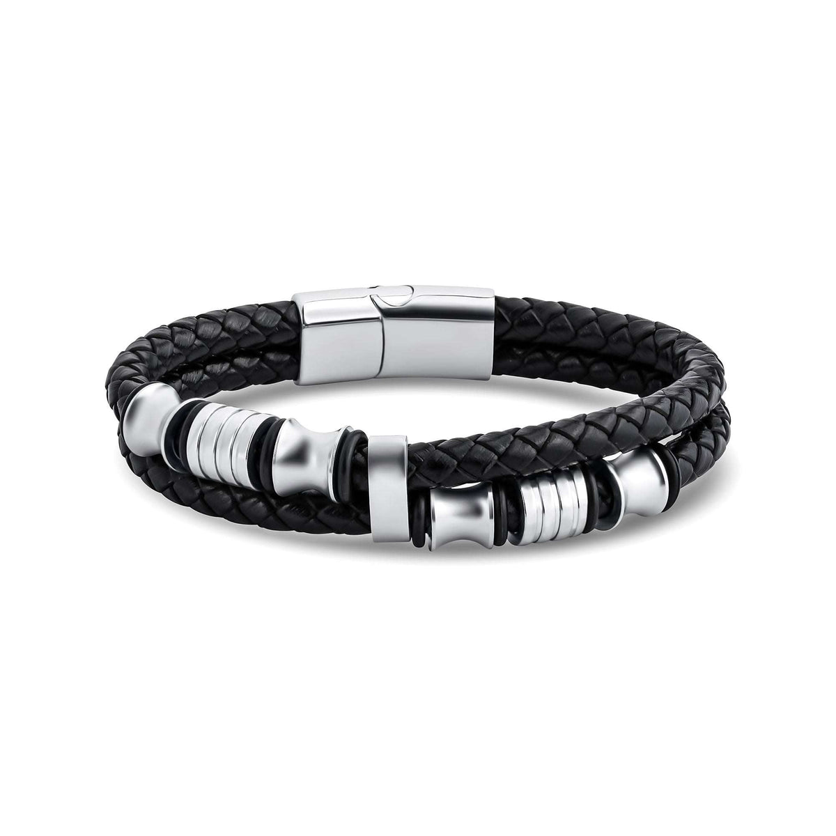 Men's braided black leather bracelet with silver-tone steel details and magnetic clasp